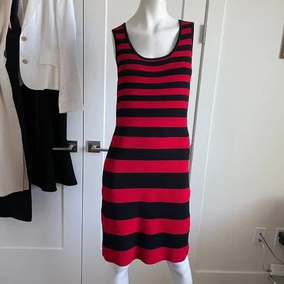 Carmen Marc Valvo Slvless Ribbed Rayon Nylon Knit Striped Dress Red Black Sz M - Picture 11 of 11